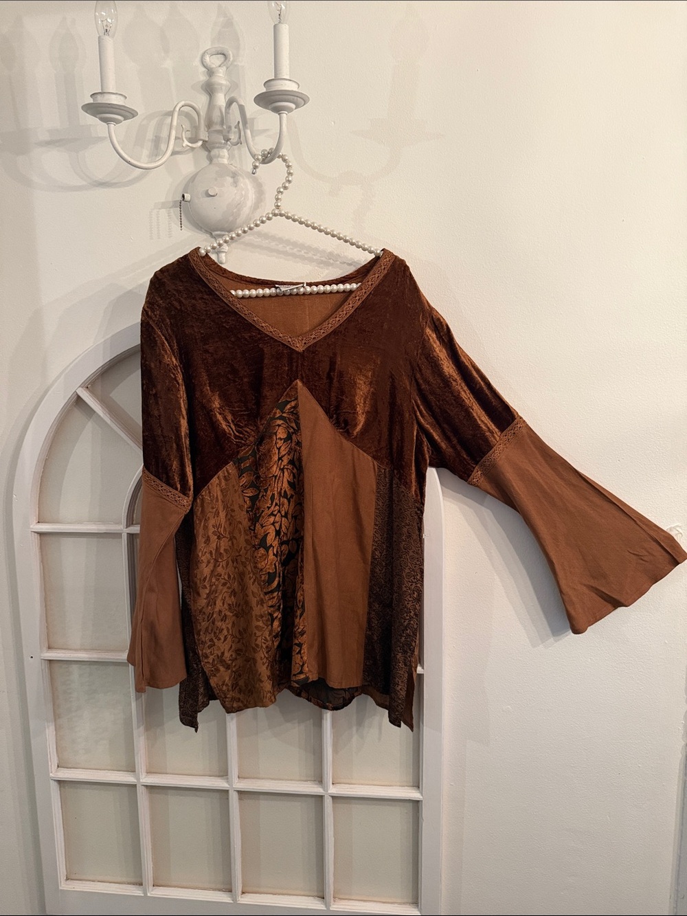 Marisol Vintage Brown Patchwork Velvet & Lace Bell Sleeve Top Blouse Size L